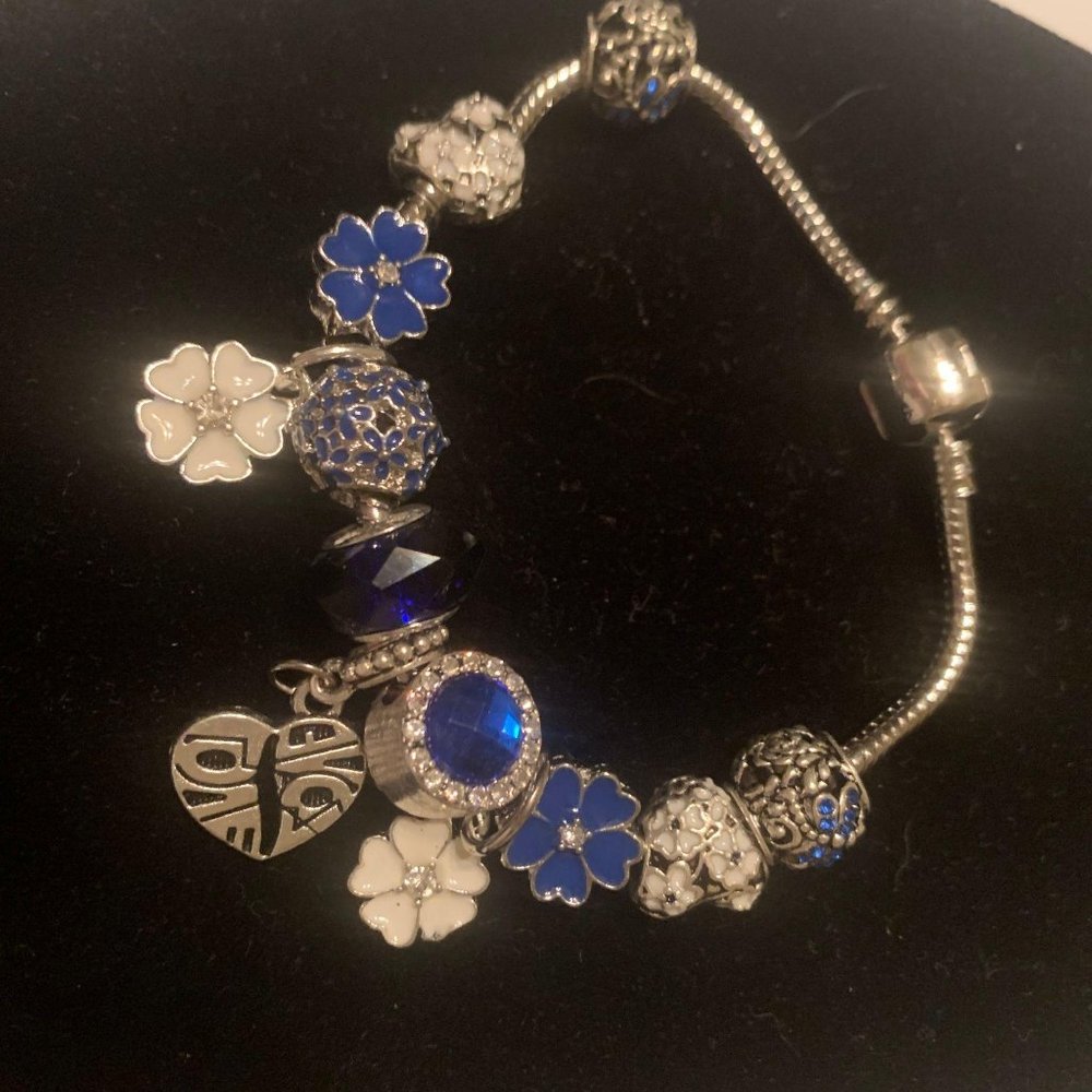 Blue Crystals Love Heart Charm Bracelet Bangle